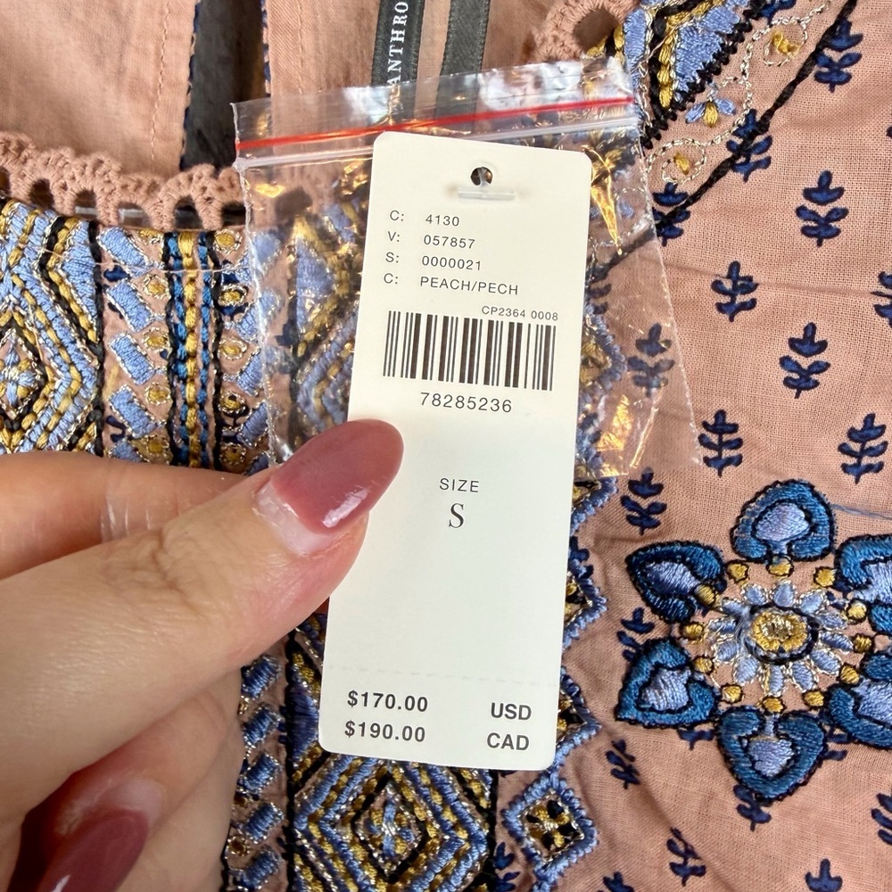 NWT By Anthropologie Embroidered Tunic Mini Dress in Peach Size Small. - Picture 6 of 14
